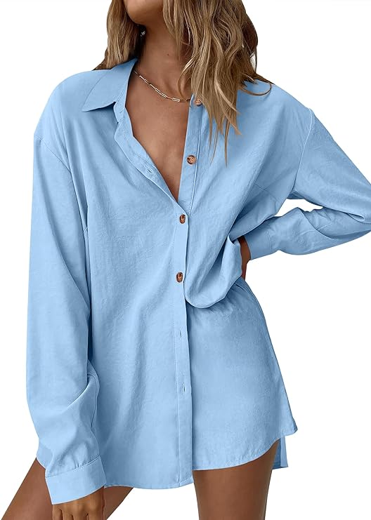 Photo 1 of ANRABESS 2 Piece Outfits for Women Casual Pajama Lounge Sets Long Sleeve Button Down Oversized Shirts Matching Shorts - S 