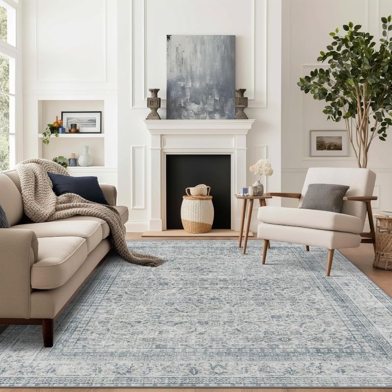 Photo 1 of  Blue Rug for Living Room Vintage Soft Rugs for Bedroom, Non Slip Mat for Bedside Office, Low Pile Floor Carpet with Non Slip Backing for Home Decor