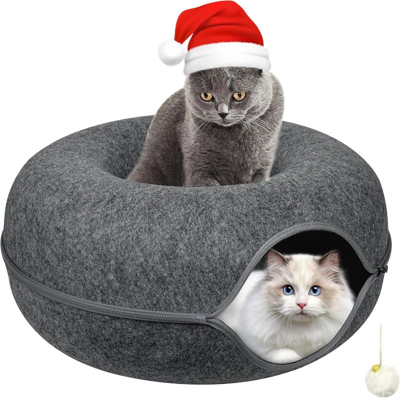 Photo 1 of Cat Tunnel Bed, Cat Cave Bed ?Beds for Indoor Cats - Large Cat House for Pet Cat Cave ?Detachable Round Felt & Washable Interior Cat Play Tunnel for Small Pets (24 Inch, Dark Grey)
