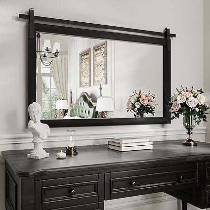 Photo 1 of Black Farmhouse Mirror for Wall, 40x26INCH Large Wood Framed Square Bathroom Mirrors for Vanity, Barn Door Style Mirrors Wall Mounted Dresser Decor Mirror Living Room Bedroom Horizontal