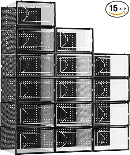Photo 1 of Shoe Storage Box, 15 Pack Clear Plastic Stackable Shoe Organizer for Closet, Interlocking Design Shoe Container Bins for Sneakers, Foldable Shoe Rack with Lids, Blac