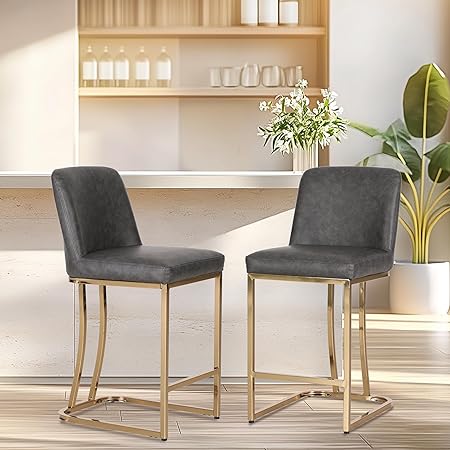 Photo 1 of ALPHA HOME 24” Bar Stool Retro Design of Bar Stool Modern PU Leather Bar Chair Golden Frame Counter Height Chair with Backrest Coffee Shop Kitchen Dining Room Cushion Bar Chair, Grey, 2PCS