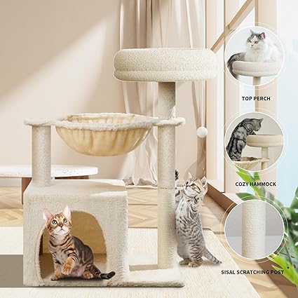 Photo 1 of Cat Tree Tower for Indoor Cats 28in, Multi-Level Climbing Activity Cat House Condo with Hammocks, Sisal Scratching Post, Fun Toys, Plush Perches for Kitten -Beige