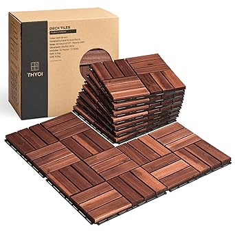 Photo 1 of 10 Pcs Interlocking Deck Tiles 12" x 12", Patio Flooring Outdoor Waterproof, Acacia Wood Tiles All Weather, Floor Tiles for Balcony, Backyard, Indoor and Outdoor use (Square Joint, Dark Brown)