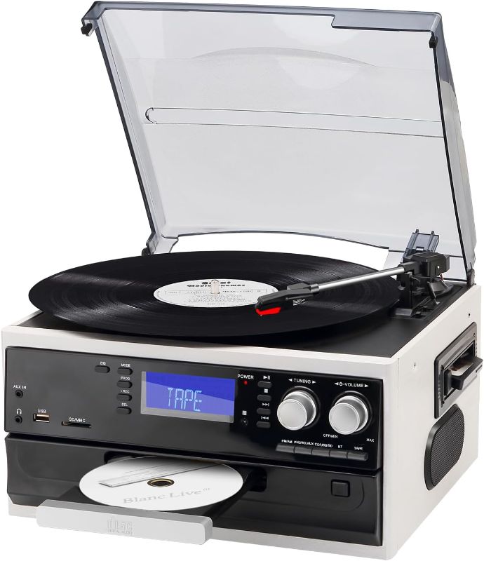 Photo 1 of 9-in-1 Vinyl Record Player with Built-in 2 Speakers, 3 Speeds Bluetooth Turntable with AM/FM Radio, Vinyl Phonograph with CD/Cassette, USB/SD/MMC Player, AUX-in/RCA-out
