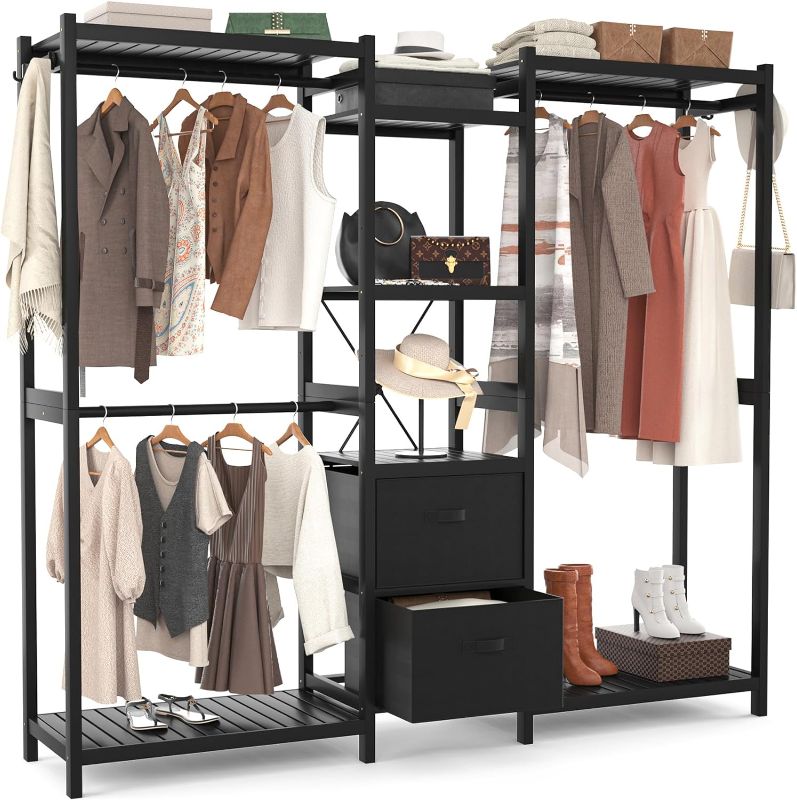 Photo 1 of Bamboo Clothes Rack with 2 Fabric Drawers, Wood Closet System Wardrobe with 7 Open Shelves and 4 Coat Hooks, Large Freestanding Clothing Garment Rack for Hanging Clothes, Black
