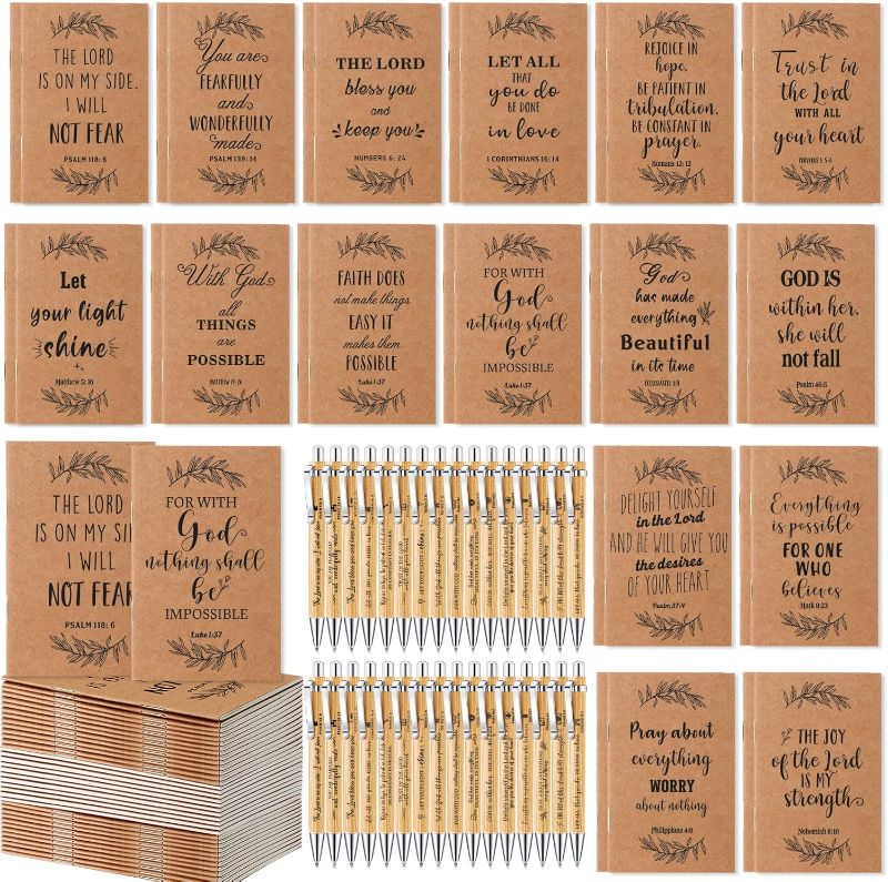 Photo 1 of Qeeenar 64 Pcs Christian Gift Bulk 32 Pcs Inspirational Bible Verse Kraft Notebook Pocket Journals Notepad and 32 Pcs Motivational Scripture Bamboo...
