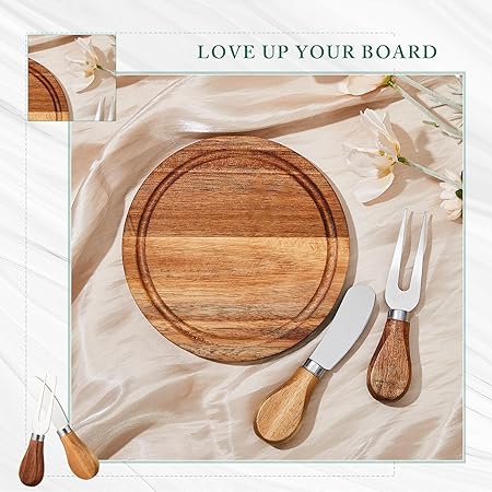 Photo 1 of Bridal Shower Baby Prizes Cheese Board Set Wood Round Mini Charcuterie Board with Knives and Forks 