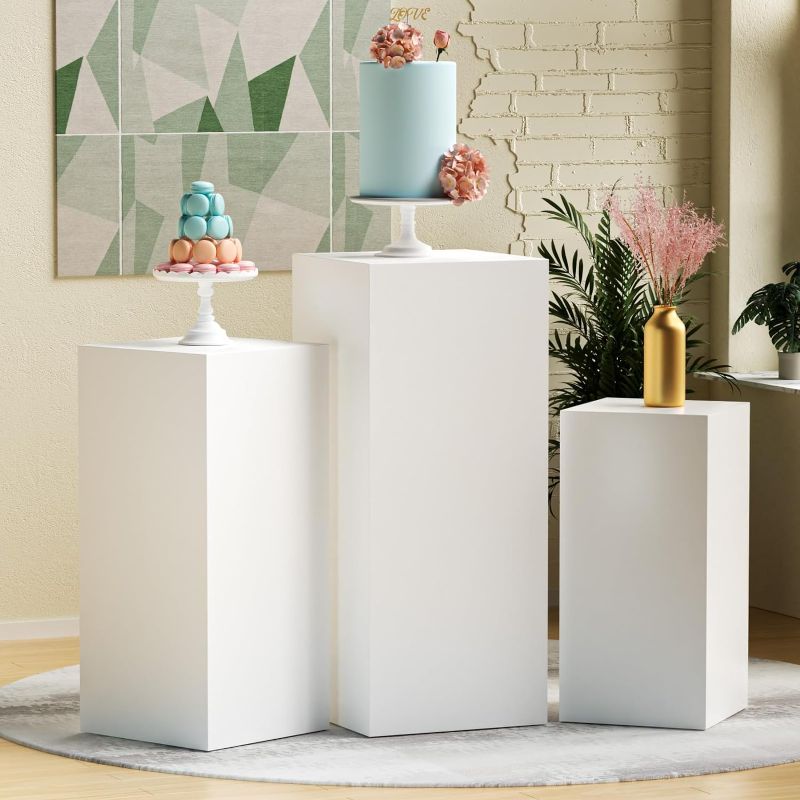 Photo 1 of \ Kelfara 3PCS Metal Display Pedestal Stand, Wedding White Square Pedestal Stands for Parties Birthday Baby Shower Sculpture Display Dessert Table Stand Event Decoration