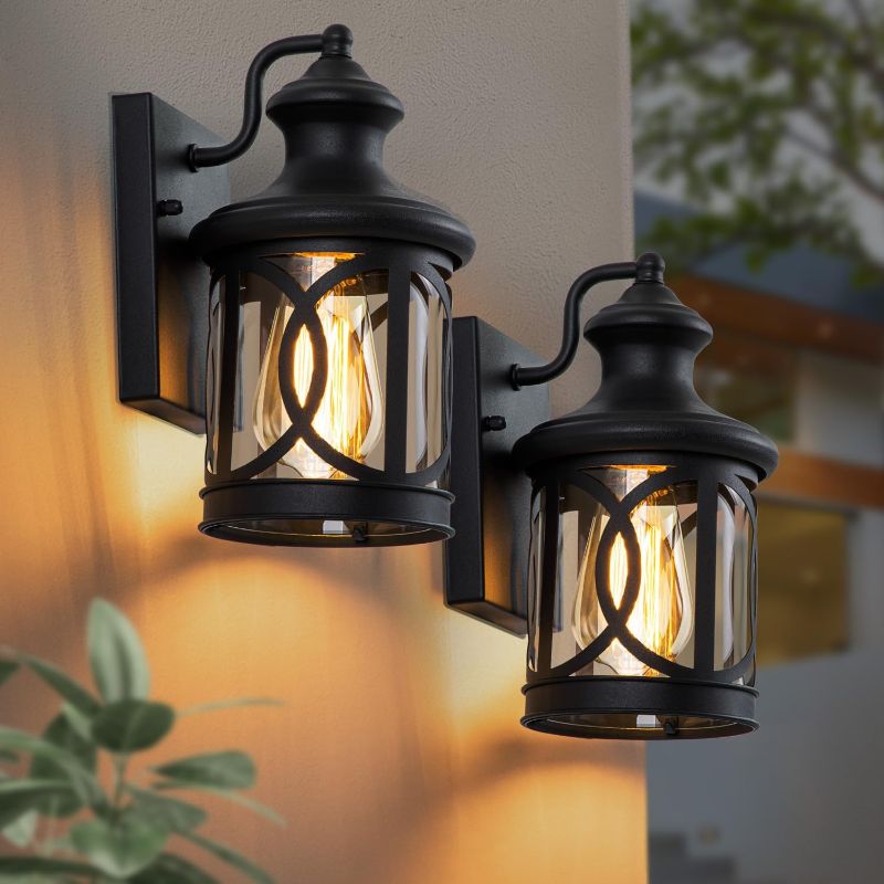 Photo 1 of 2-Pack Outdoor Wall Lights, Porch Lights, Waterproof Outdoor Wall Sconce, Exterior Light Fixture Matte Black with Clear Glass Shade for Garage Patio Front Door Balcony
