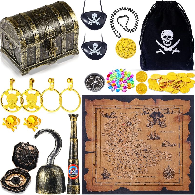 Photo 1 of 116 Pieces Pirate Treasure Toys, Pirate Treasure Box with Coins Jewels Gems and Pirate Map Compass Telescope for Boy Girl Halloween Cosplay Props Pirate Theme Party Decoration Favor (Cute Style)
