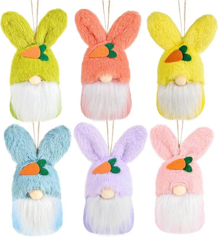 Photo 1 of Gnomes Easter Tree Ornaments 2024, Colorful Spring Gnomes Easter Ornaments for Tree 6 Pcs, Handmade Easter Bunny Gnomes Plush Easter Knomes Ornament
