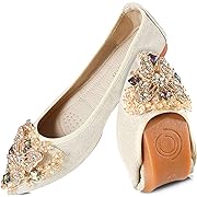 Photo 1 of Unifizz Women's Ballet Flats Soft Pointed Toe Rhinestone Wedding Ballerina Shoes Foldable Sparkly Comfort Slip on Flat Shoes for Women
