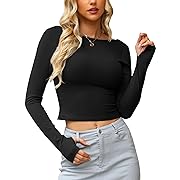 Photo 1 of Women's Off Shoulder Long Sleeve Crop Top - Casual Boat Neck Slim Fit Blouse for Going Out - Y2K Style Tight Shirt M
