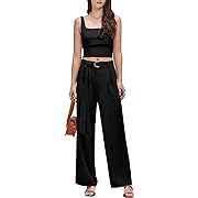 Photo 1 of Women's Summer 2 Piece Outfits Square Neck Crop Tank Tops Wide Leg Pants Lounge Sets with Belt & Pockets
