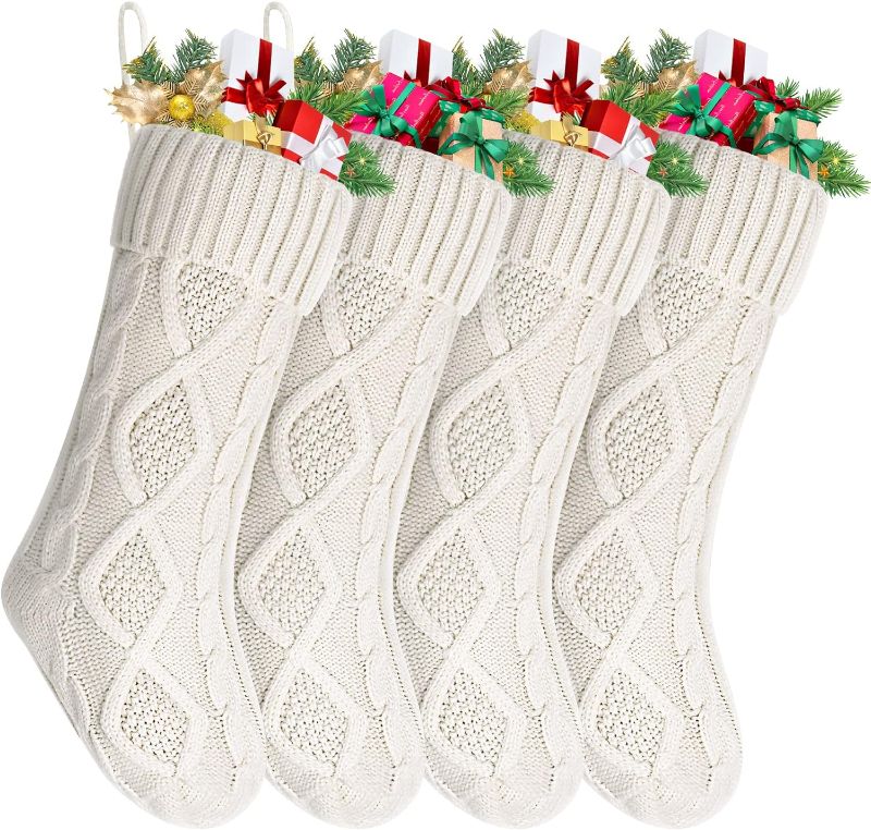 Photo 1 of Nelyeqwo Christmas Stockings Large 18 Inches Christmas Stockings White Cable Knitted Xmas Stockings Classic Christmas Decorations for Family Holiday Party...
