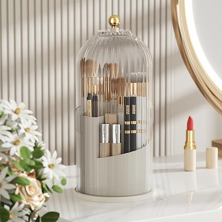 Photo 1 of Makeup Brush Holder, 2023 Newest Makeup Organizer, Rotating Cosmetics Make up Brush Organizer Storage with Lid, Spinning Brush Holder Container for Vanity&Bathroom,Gift for Girl&Women (White)