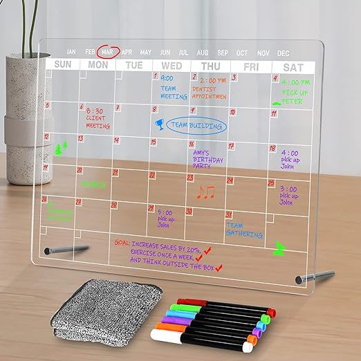 Photo 1 of Acrylic Dry Erase Calendar Board to Do List Desktop Clear Memo Note Board, 9x13" Tabletop Whiteboard with Stand for Office, Home, School, includes 6 Dry Erase Markers White
