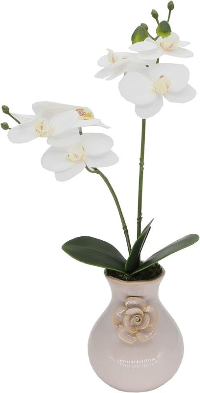 Photo 1 of Flora Bunda Artificial White Cream Orchid Flower in Ceramic Vase Real Touch Fake Phalaenopsis Orchid Potted Plant in Pale Pink Vase for Wedding Centerpiece Office Home Desktop Room, 15" Tall