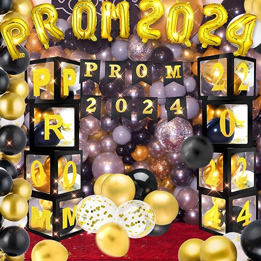 Photo 1 of 106 Pcs Prom 2024 Decoration Set Balloons Boxes Column with Cards Prom 2024 Banner Number Letter Foil Balloons Latex Balloons for Graduation Congrats Grad Birthday Party (Black, Gold)