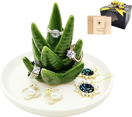 Photo 1 of Aloe Ring Holder Jewelry Organizer Dish,Mrs cactus Earring/Necklace/Perfume/Trinket/Decorative Tray,Room Dresser succulent Decor Aesthetic,Wife Valentines Day Gifts for Her