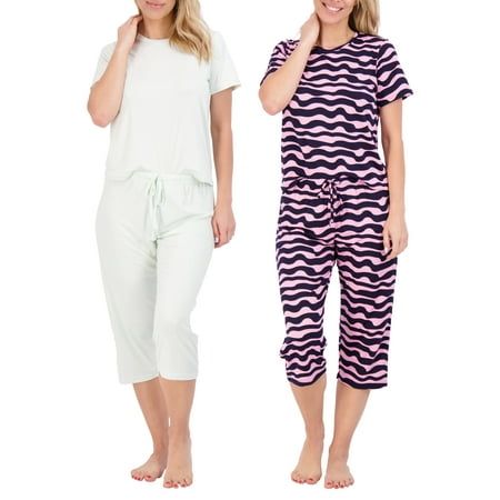 Photo 1 of 2 Pack: Women’s Cozy Short-Sleeve PJ Top with Capri Pants - Pajama Lounge & Sleepwear Set (Available in Plus)