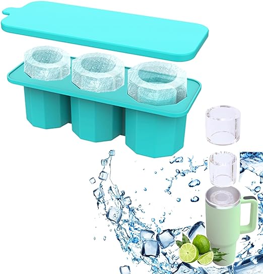 Photo 1 of Ice Cube Tray for Tumbler Cup,New Silicone Ice Maker With for Making 3 Hollow Cylinder Ice Molds with Lid and Bin for Freezer, Ice Drink, Juice, Whiskey, Cocktail, Summer Gifts (Blue