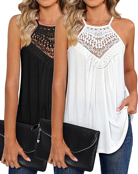 Photo 1 of 2 Pack Womens Tank Tops Cold Shoulder Tops Women Lace Cami Shirts Sleeveless Tank Tops Spaghetti Cami Vest Shirt
