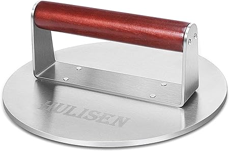 Photo 1 of HULISEN 8.5-Inch Burger Press, 2.5 lbs Heavy Duty Bacon & Grill Press, Stainless Steel Smashed Burger Press, Round Smasher with Wood Handle, BBQ Griddle Accessories for Hamburger, Steak, Meat