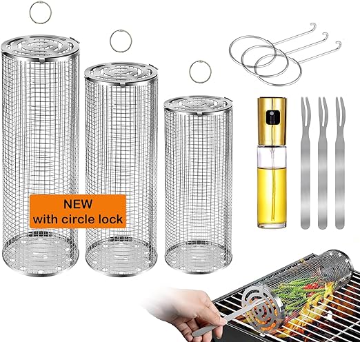 Photo 1 of Rolling Grilling Baskets for Outdoor Grilling with Circular Locks for Double Security Sealing - Round Grill Baskets for Barbecue - Grill Tubes Stainless Steel BBQ for Vegetables, Meat… (3 pieces L, M & S) with Oil Sprayer