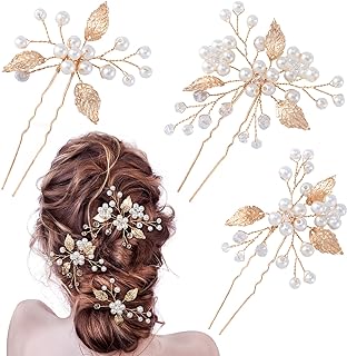 Photo 1 of  3 Pack Pearl Bridal Wedding Hair Styling Pins, Leaves Style Bride Head Piece, U Shape Rhinestone Flower Hair Accessories for Women & Girls Wedding Hairstyles- Gold