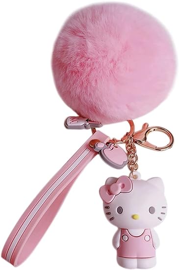 Photo 1 of PaPiJoJo Cute Keychains for Girls, Kawaii Pom Pom Fuzzy Key Chain Accessories Wristlet Cartoon Keychain
