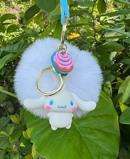 Photo 1 of PaPiJoJo Cute Keychains for Girls, Kawaii Pom Pom Fuzzy Key Chain Accessories Wristlet Cartoon Keychain
