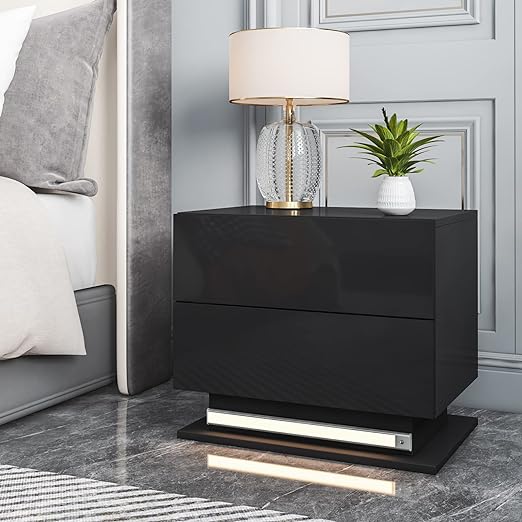 Photo 1 of HOMMPA LED Nightstand with Smart Motion Sensor Light Black Night Stand with Rechargeable LED Bedside Table with Auto Led Lights Night Table with 2 High Gloss Drawers for Bedroom