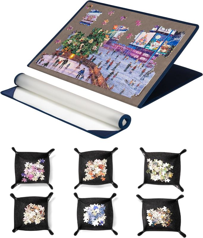 Photo 1 of Tektalk Foldable Jigsaw Puzzle Board with 6 Sorting Trays, Portable Puzzle Mat with Puzzle Dustproof Cover for Puzzle Storage Puzzle Saver, Non-Slip Surface