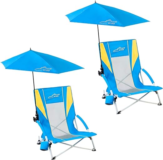 Photo 1 of 2 Pack Beach Chair with Umbrella for Adults Shade Chair Folding Backpack Portable Concert Bag Sand Chair with Cup Holder - Ocean Blue with Yellow