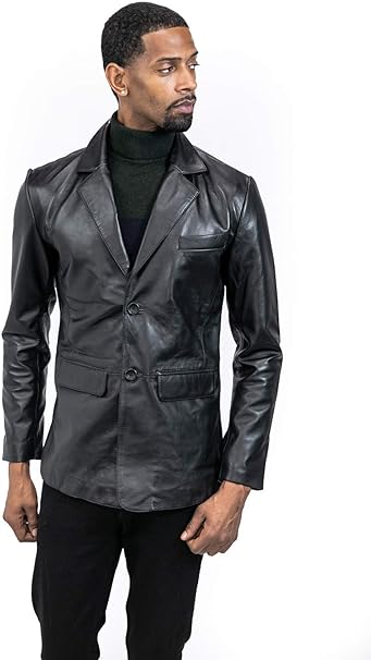 Photo 1 of Men’s Real Leather Blazer Jacket Black Dress Suit Slim Fit Coat Lapel Collar Lambskin