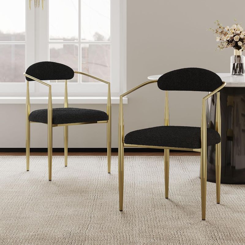 Photo 1 of Black Boucle Dining Chairs with Armrest Set of 2, Modern Kitchen Dining Room Chairs Kitchen Chairs with Curved Backrest, Upholstered Accent Side Chairs with Brass Metal Leg for Living Room
