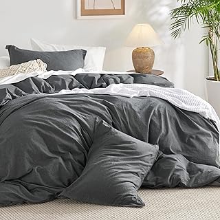 Photo 1 of Bedsure Cotton Comforter Set King Size - Dark Grey 100% Washed Cotton Comforter, Soft Bedding for All Seasons, 3 Pieces, 1 Comforter (104"x90") and 2 Pillow Cases (20"x36") King Dark Grey