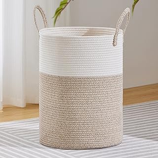 Photo 1 of Large Laundry Hamper, Tall Woven Rope Storage Basket for Blanket, Toys, Dirty Clothes in Living Room, Bathroom, Bedroom - 100L White & Brown