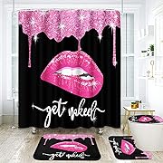 Photo 1 of Black Bathroom Sets with Shower Curtain and Rugs and Accessories, Glitter Diamond Get Naked Shower Curtain Sets, Lips Shower Curtains for Bathroom,Black and Pink Bathroom Decor 4 Pcs
