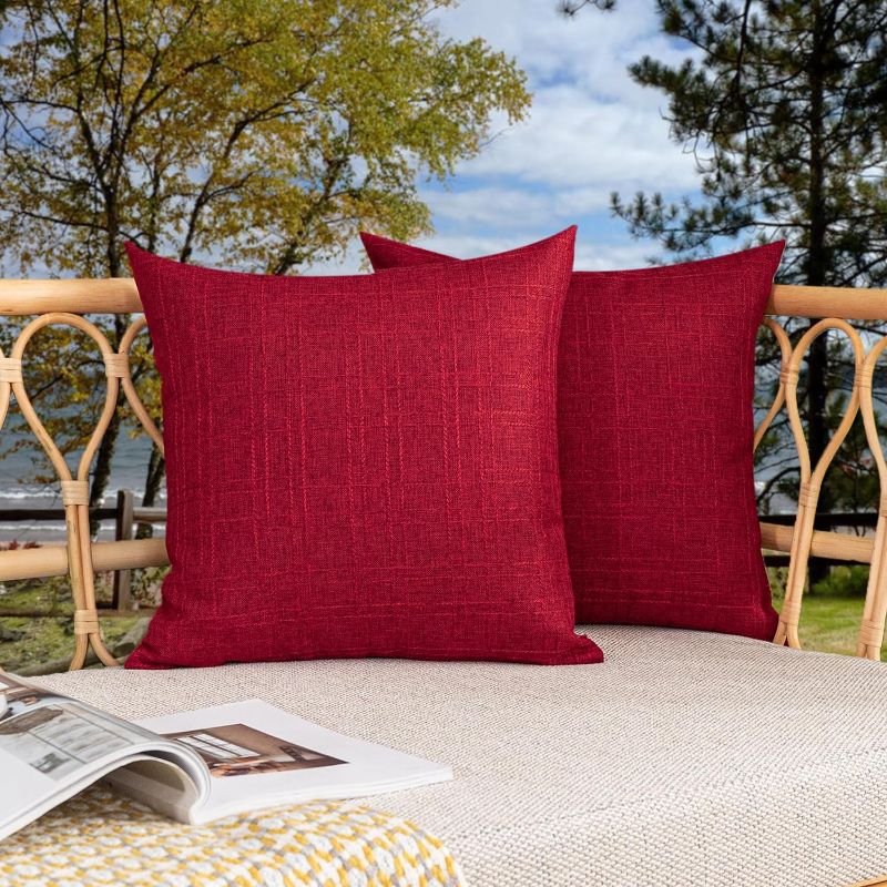 Photo 1 of Pack of 2 Outdoor Waterproof Throw Pillow Covers Decorative Farmhouse Checkered Square Solid Cushion Cases for Patio Garden Porch Sofa Red 18x18 inch