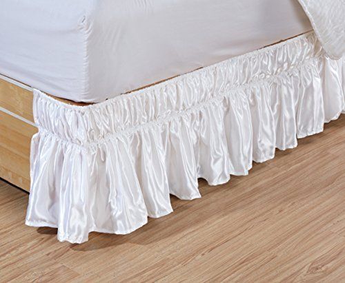 Photo 1 of Grand Linen - Wrap Around 14 Inch Long Fall White Ruffled Elastic Woven Satin Solid Bed Skirt Fits All Twin, Twin XL and Full Size Bedding High Thread
