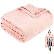 Photo 1 of Travel Blanket for Airplane Camping Car Wearable Super Soft Fleece Lightweight Bed Throw Blankets for Sofa Couch 50 x 60 Inches Pink
