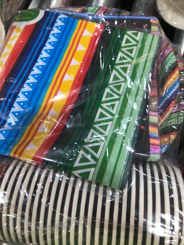 Photo 1 of Mexican Fiesta Themed Party Decorations: Cinco De Mayo Paper Dinner & Dessert Plates, Cups, Napkins, and Tablecloth Set - 24 Guest Disposable Dinnerware Supplies