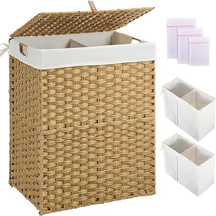 Photo 1 of Greenstell Laundry Hamper with lid, No Install Needed, 110L Wicker Laundry Baskets Foldable 2 Removable Liner Bags, 2 Section Clothes Hamper Handwoven Rattan Laundry Basket with Handles, Natural