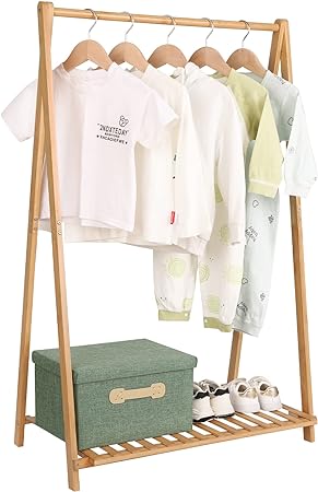Photo 1 of Small Clothes Rack Kids Dress Up Storage for Playroom, Toddlers Bedroom, Bamboo Child Garment Rack with Storage Shelf, Kids Clothing Rack Costumes Organizer
