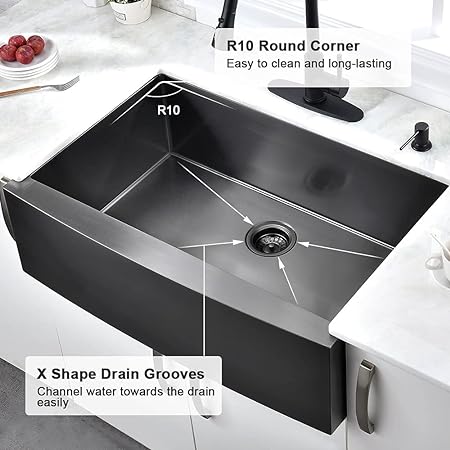 Photo 1 of 33 Inch Black Farmhouse Sink-Hovheir 33x22 Black Farm Sink 16 Gauge Stainless Steel Apron Front Farmhouse Kitchen Sink Curved Front Single Bowl Deep Kitchen Sink Farmers Sink