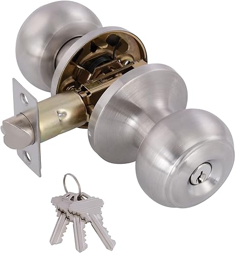 Photo 1 of Door Knobs Interior Keyed Difference Entry Front Bedroom Doorknobs with Lock Flat Ball Handle Lock Sets in Satin Nickel