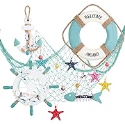 Photo 1 of Marsui 11 Pcs Wooden Nautical Wall Decor Fishing Net Decorations, Include Decorative Fishing Net, Ship wheel, Fish Skeleton, Life Ring, Anchor, Starfish Beach Decor for Mediterranean Party (Teal)
